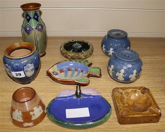 A group of Royal Doulton stoneware ceramics including a dragonfly dish, largest 6.75in.